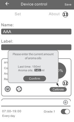 Scent Marketing app Device control About tab showing the password change panel and oil calibration prompt