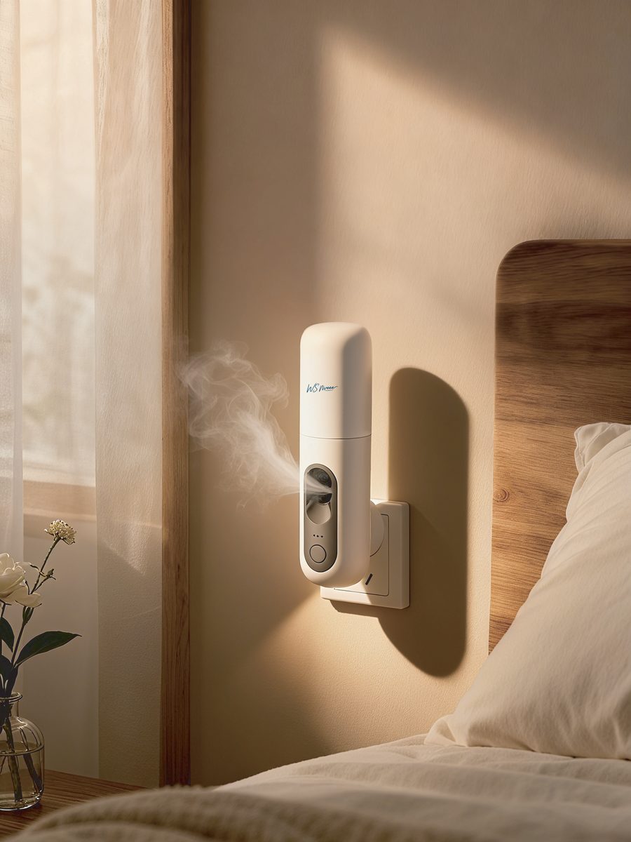 WSNUEEE A815 inverted ultrasonic aroma diffuser plugged into a wall outlet in a bedroom, releasing a fine mist