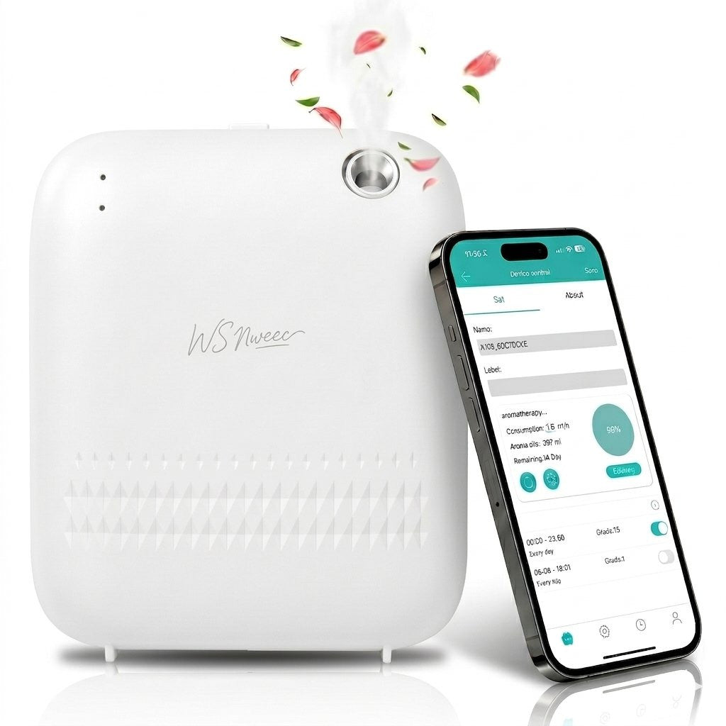 WSNUEEE AE109 waterless aroma diffuser in white, shown beside the WSNUEEE app running on a phone