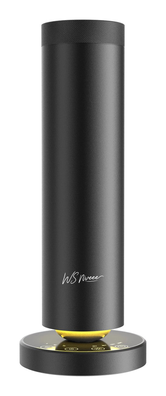 WSNUEEE A10 desktop waterless diffuser in matte black aluminium with the amber light ring lit above its base