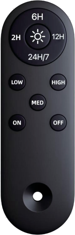 WSNUEEE A10 remote control with 6H, 2H, 12H and 24H/7 around a sun key, plus LOW, HIGH, MED, ON and OFF buttons