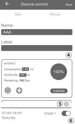 Scent Marketing app Device control screen set to Set, with name, label, the aroma oil gauge at 100 percent, remaining life and a schedule switch