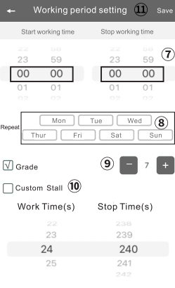 Scent Marketing app Working period setting screen with start and stop times, repeat days and a preset intensity grade