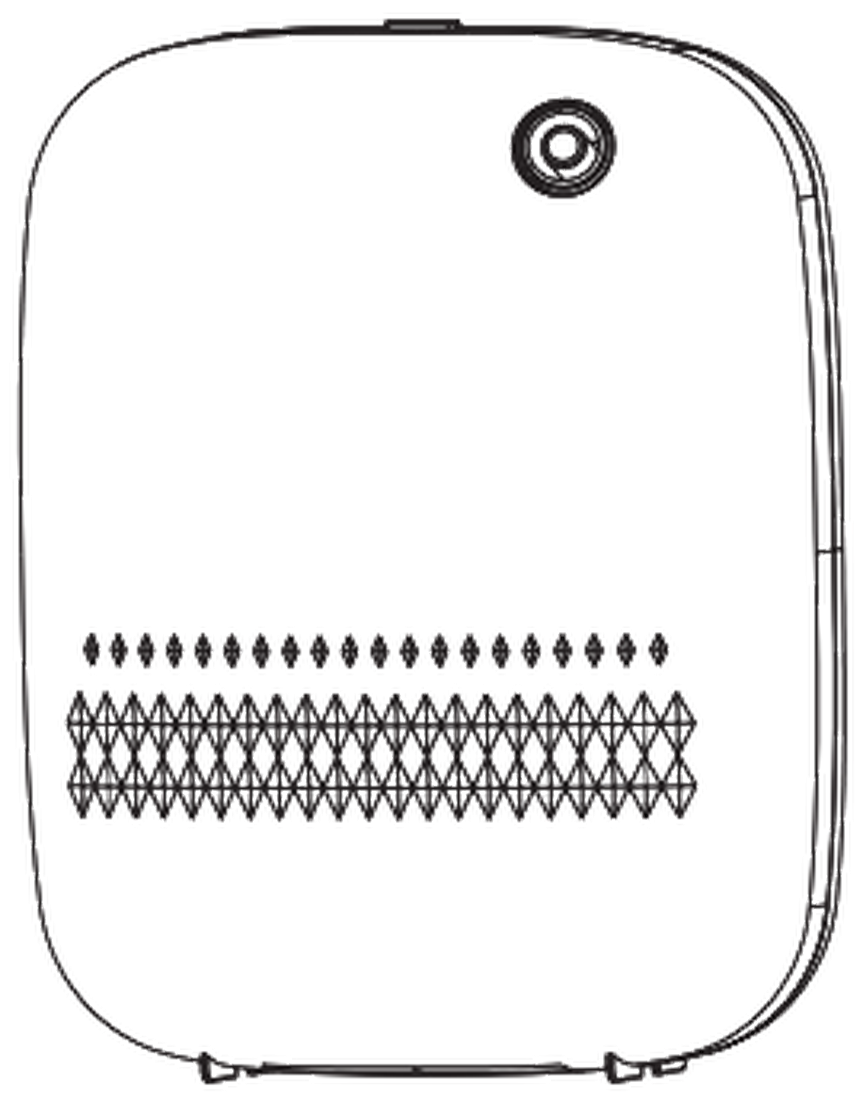 Line drawing of the WSNUEEE A320 waterless diffuser: a rounded rectangular matte white body with a top nozzle, front grille, status light and a hatch at the base