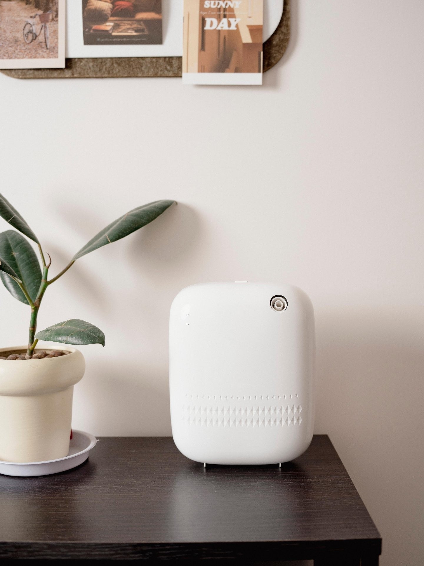 WSNUEEE A320 waterless diffuser standing on a dark wooden sideboard beside a potted plant, scented without water, heat or a tank