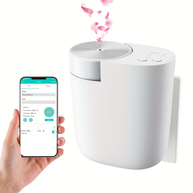WSNUEEE A323 plug-in waterless aroma diffuser in white with pink petals and mist rising from the atomizing disc, next to a phone running the Scent Marketing app