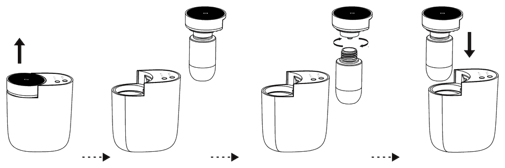 Four-step installation: lift the head and bottle out, twist the head off the bottle, refill and tighten, then align and press back into the machine