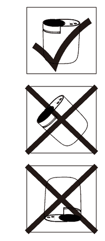 Three icons: an upright diffuser marked correct, a tilted diffuser marked incorrect, and a flat diffuser marked incorrect