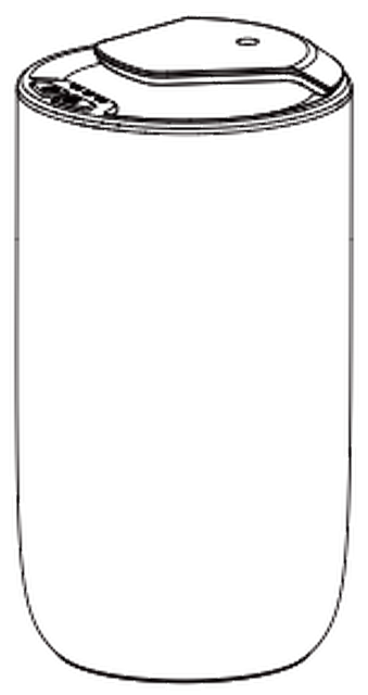 Line drawing of the WSNUEEE A613 waterless diffuser: a rounded cylindrical matte body with a lift-off diffuser head on top, two control buttons, an ambient light ring, and a Type-C port with a charging indicator on the side