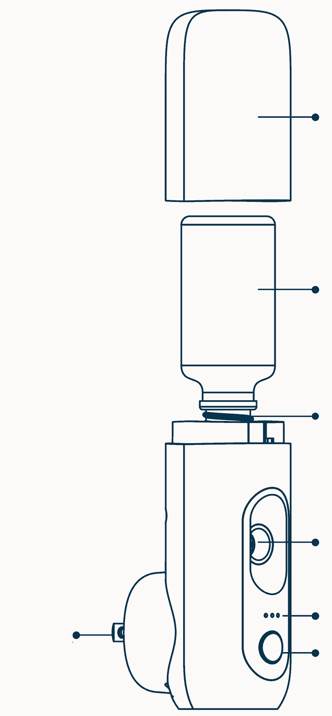 Exploded view of the WSNUEEE A815 with numbered callouts: 1 mist outlet, 2 LED indicator, 3 control button, 4 glass oil bottle, 5 cotton wick and 6 rotatable plug