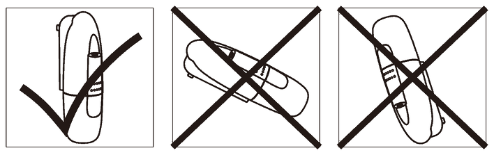 Three orientation diagrams for the AE103: upright is correct, tilted is not allowed, laid flat is not allowed
