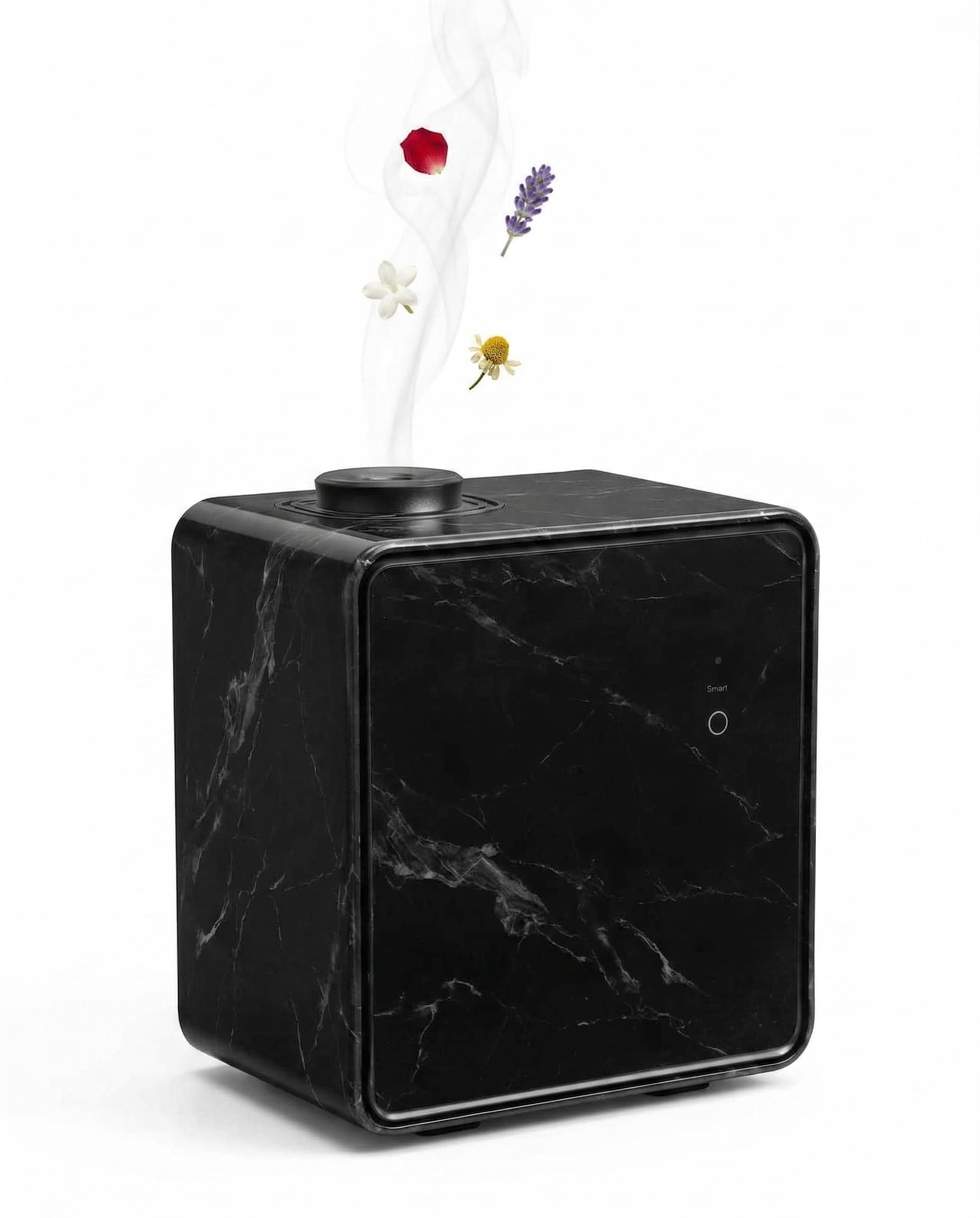 WSNUEEE A-H333S wall-mount aroma diffuser in black marble finish with white mist and dried petals rising from the atomizing head