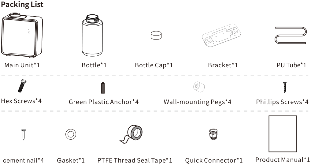 Packing list: main unit, 200 mL bottle, bottle cap, bracket, PU tube, hex screws, green plastic anchors, wall-mounting pegs, Phillips screws, cement nails, gasket, PTFE thread seal tape, quick connector and product manual