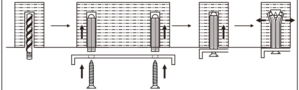 Cross-section of the wall mount: plastic anchor in the wall, Phillips screw, bracket, and the wall-mounting peg that sets the gap behind the unit