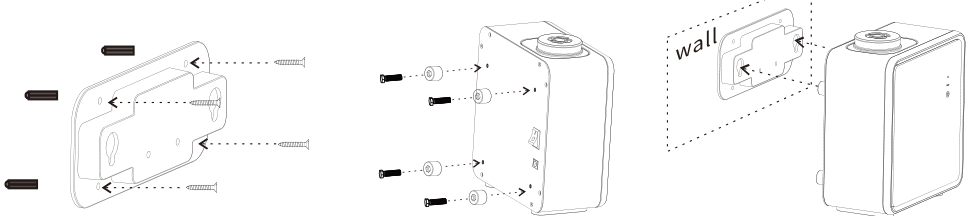 Three wall-mount steps: bracket fixed to the wall, hex screws driven into the back of the unit, then the unit hung on the bracket