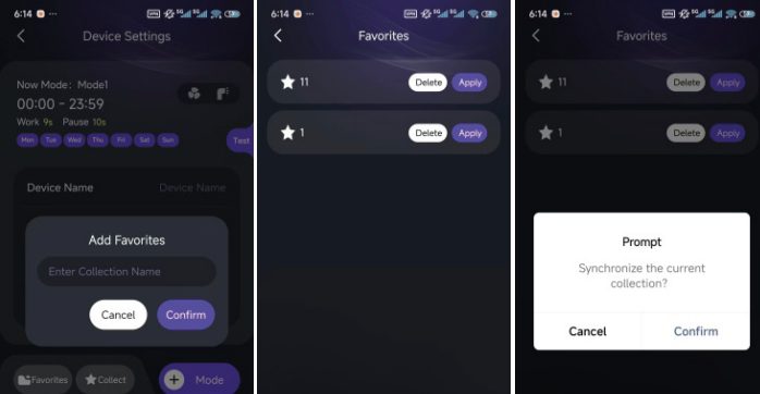 Favorites screen for saving and applying collection modes across devices