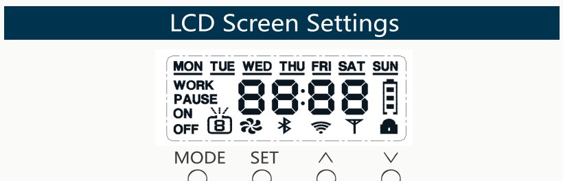TX500 LCD screen showing weekday, work and pause status, time, Bluetooth and battery indicators, with MODE, SET, UP and DOWN buttons