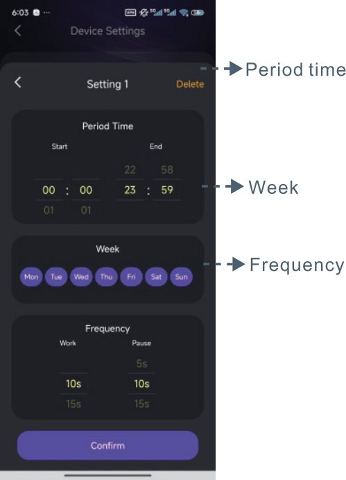 Work schedule screen showing period time, weekday selection and frequency